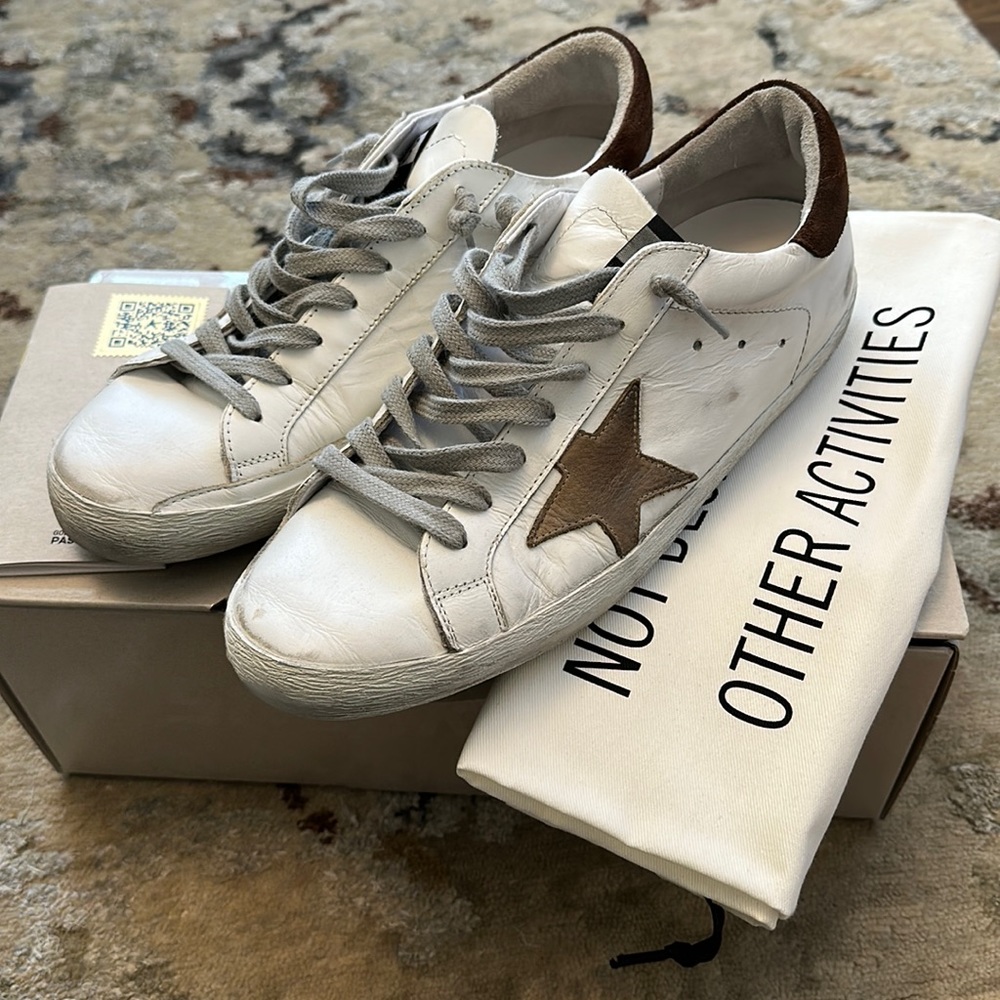 Golden Goose White Leather Sneakers with Brown Star Accent
